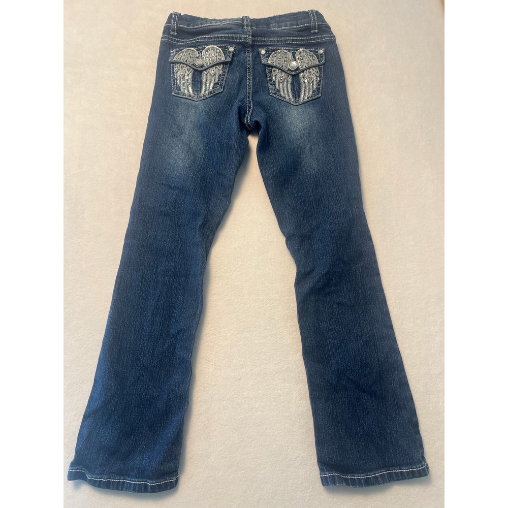 Arizona Girls 8 Reg Bootcut Jeans Y2K Angel Wing Rhinestone Dark Wash Denim